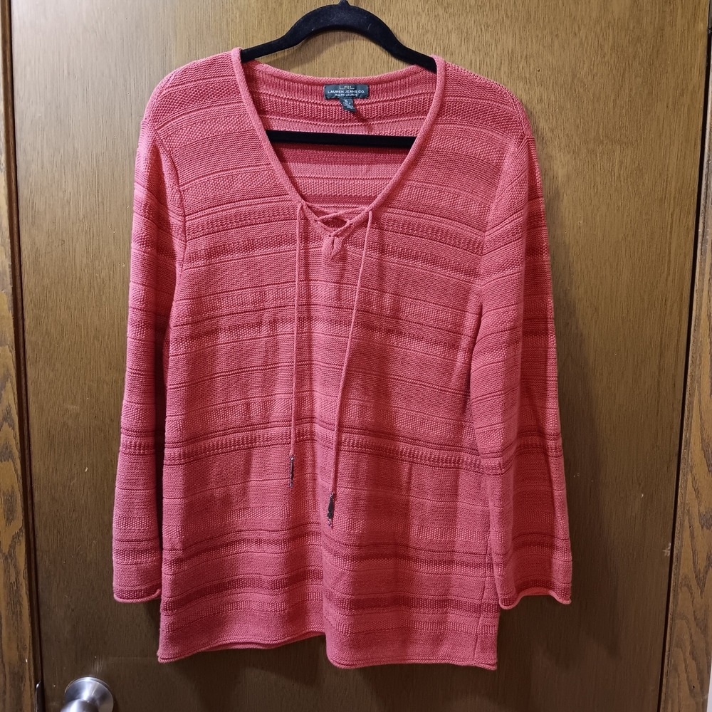 LRL Lauren Jeans Co. Ralph Lauren Top XL Red Cotton Knit Lace Up Long Sleeve
